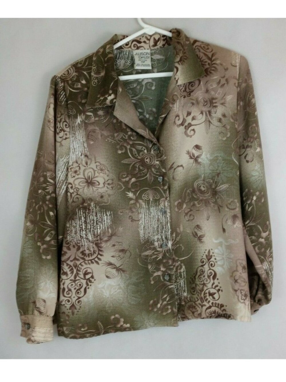 Allison Daley Petites Green & Tan Long Sleeve Shirt With Floral Design Size 10P